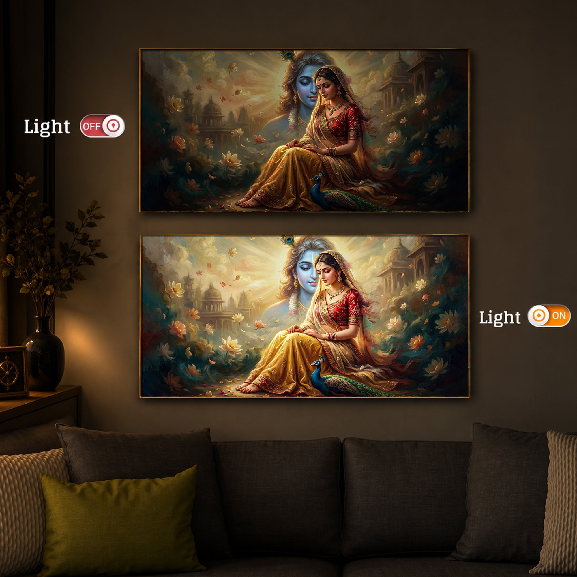 Loving Couple Radha Krishna Modern Luxury Backlight Horizontal Wall Art