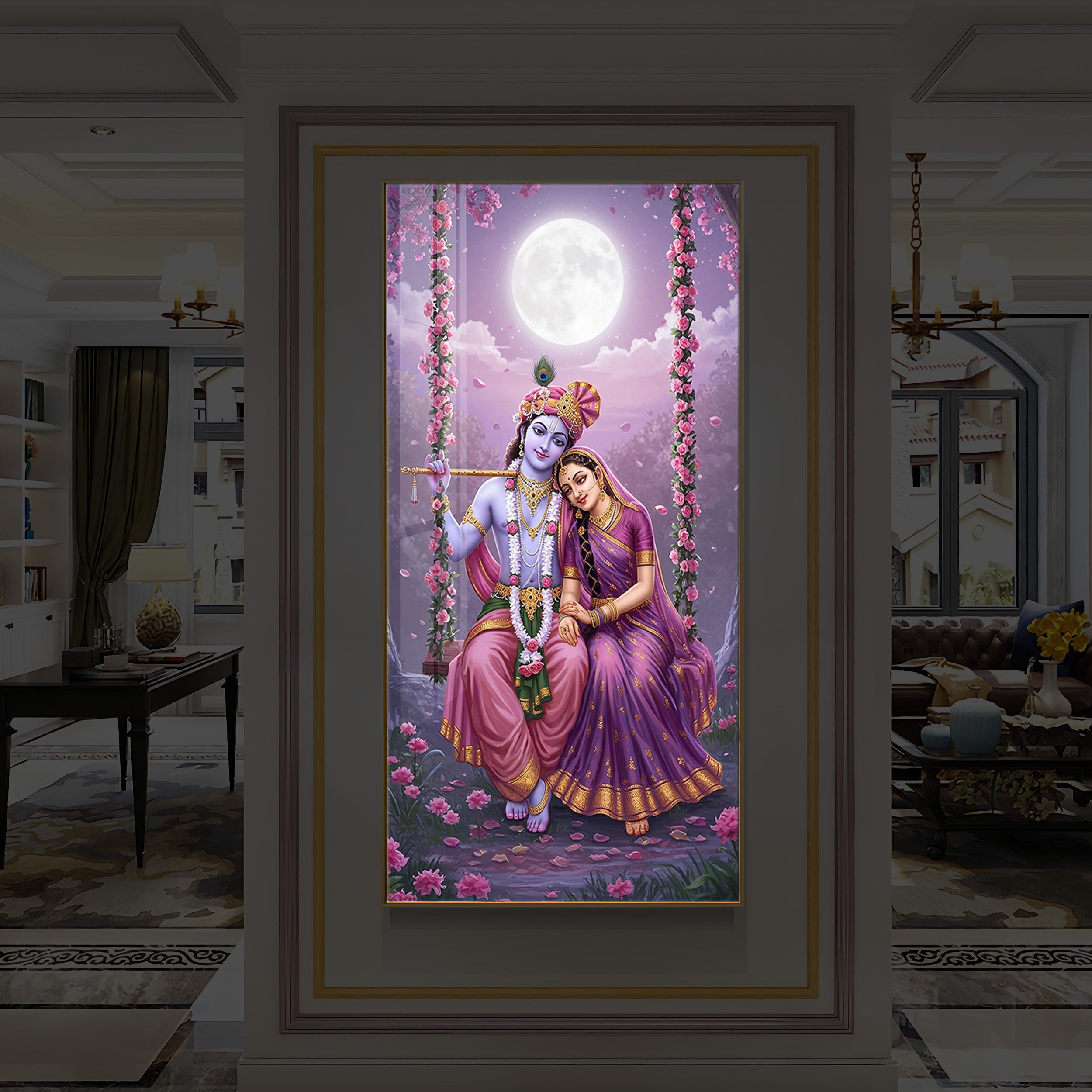Loving Radha Krishna Modern Luxury Backlight Vertical Wall Art