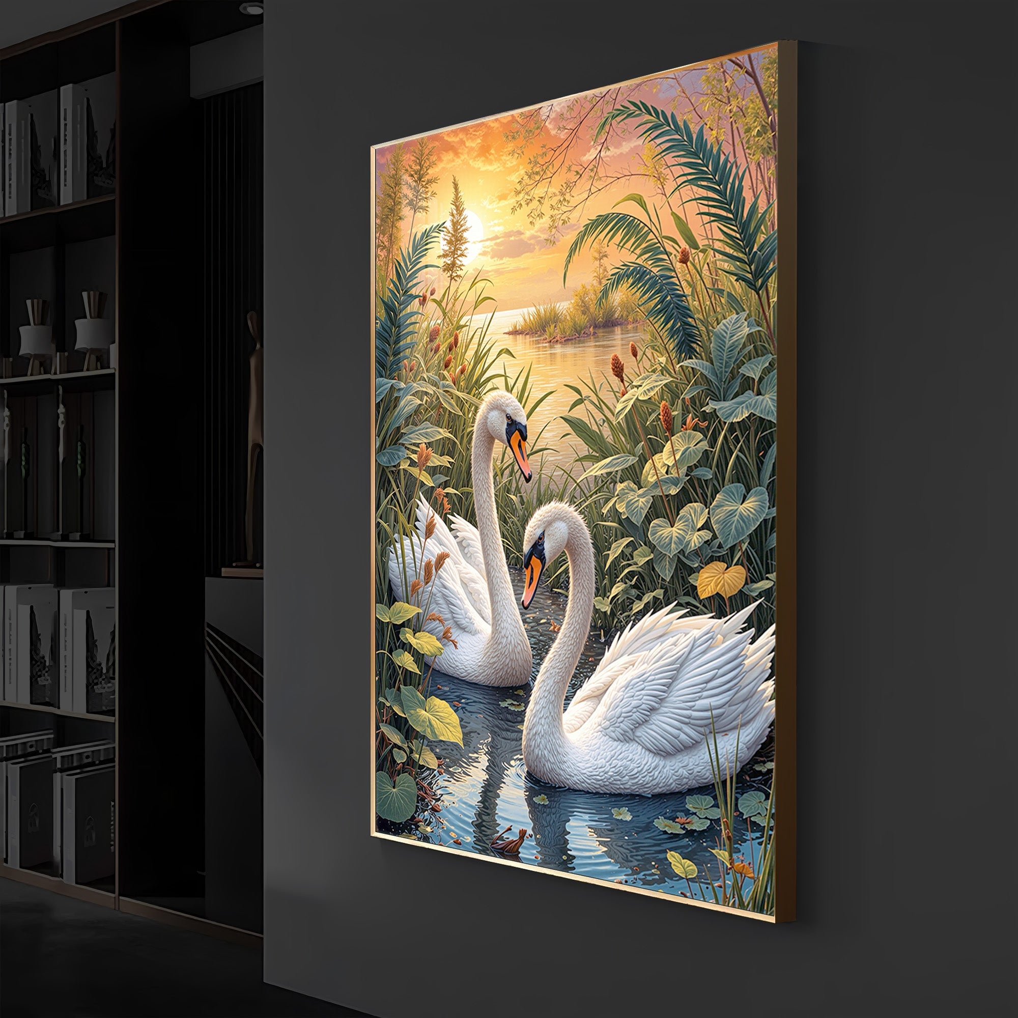 Two Swan Modern Luxury Backlight Vertical Wall Art