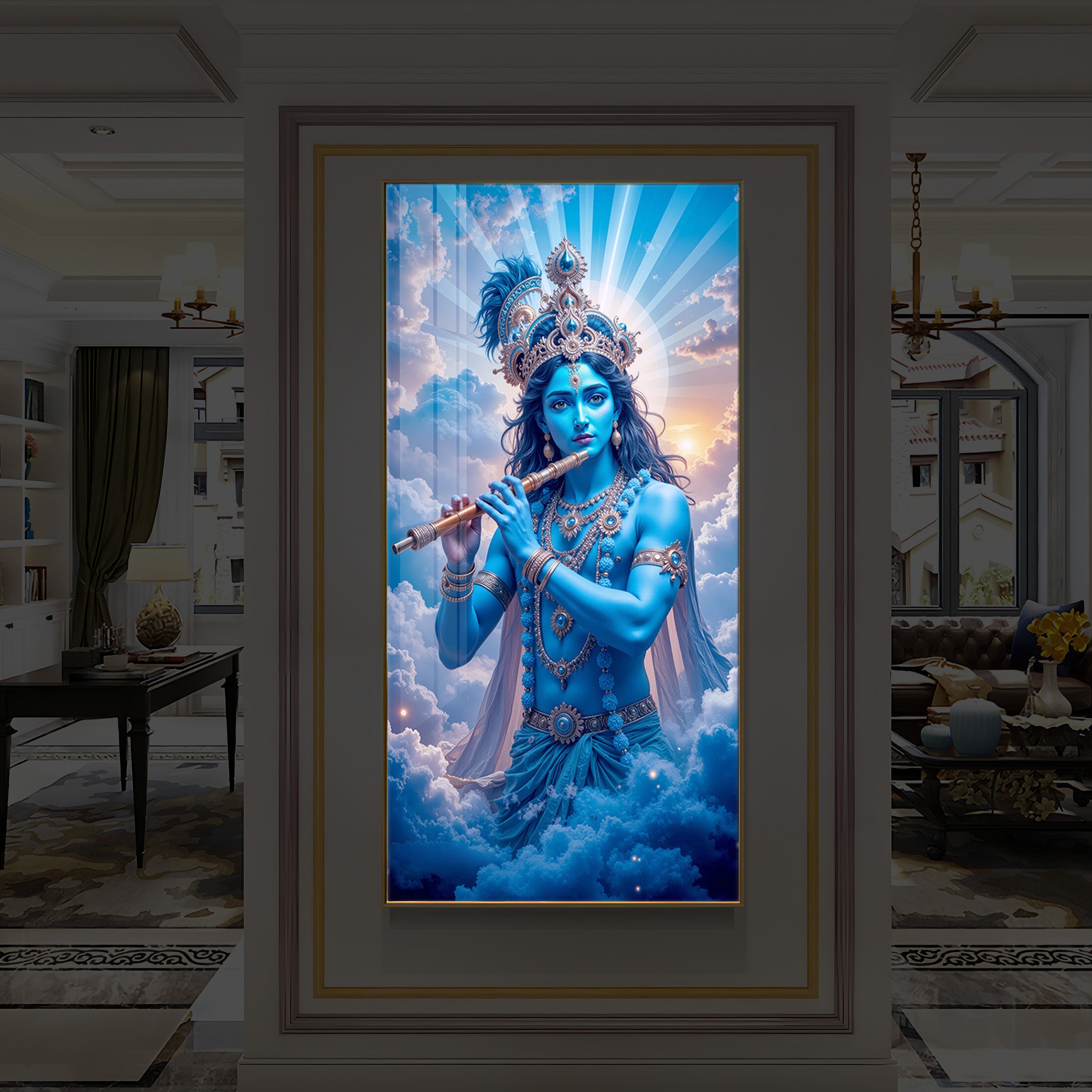 Lord Shri Krishna Modern Luxury Backlight Vertical Wall Art