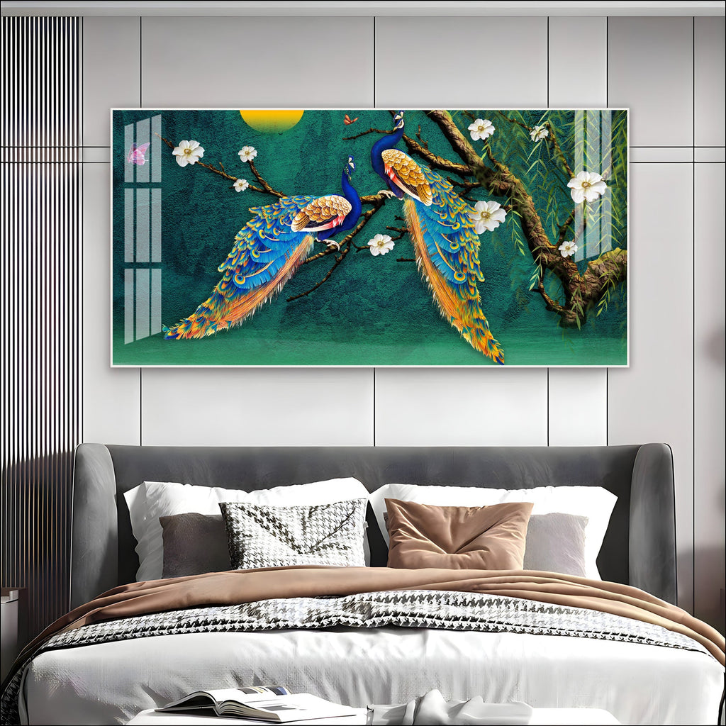 Calm Peacock Birds Scene Acrylic Wall Art Canvas With Flowers And Artistic Style