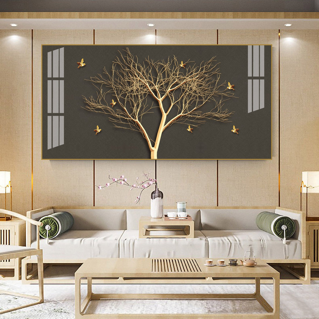Luxury Tree Wall Design Acrylic Wall Art Canvas With Gold Finish And Modern Look