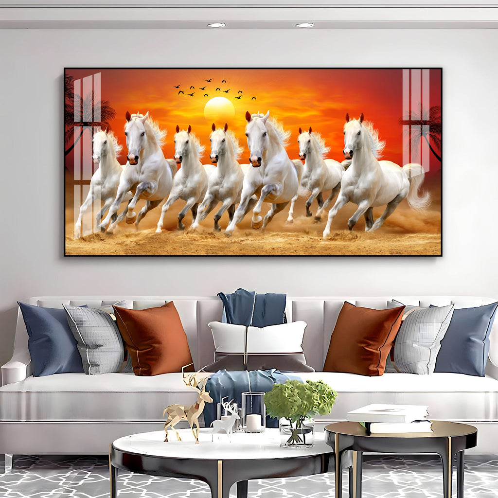 Running White Horses Acrylic Wall Art Canvas With Sunset Landscape And Nature Theme