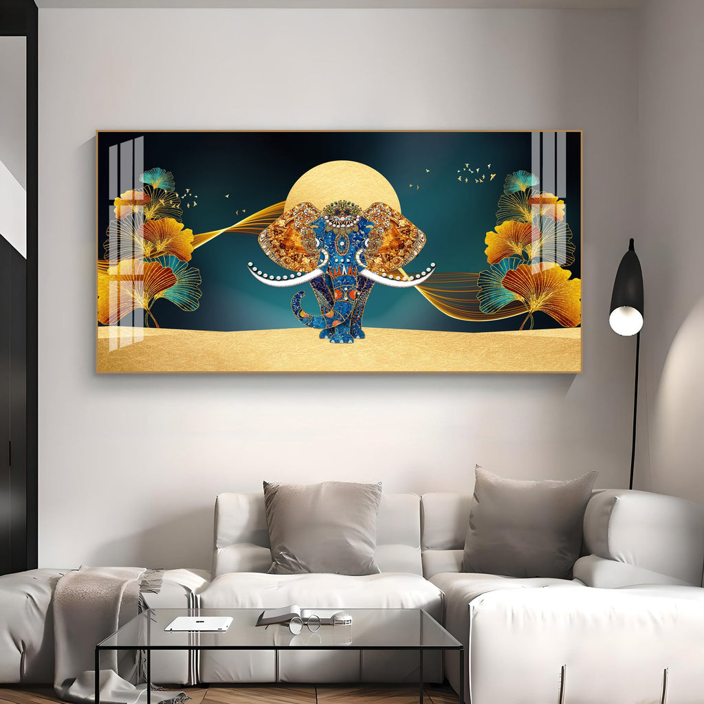 Luxury Elephant Artwork Acrylic Wall Art Canvas With Elegant Gold And Blue Theme