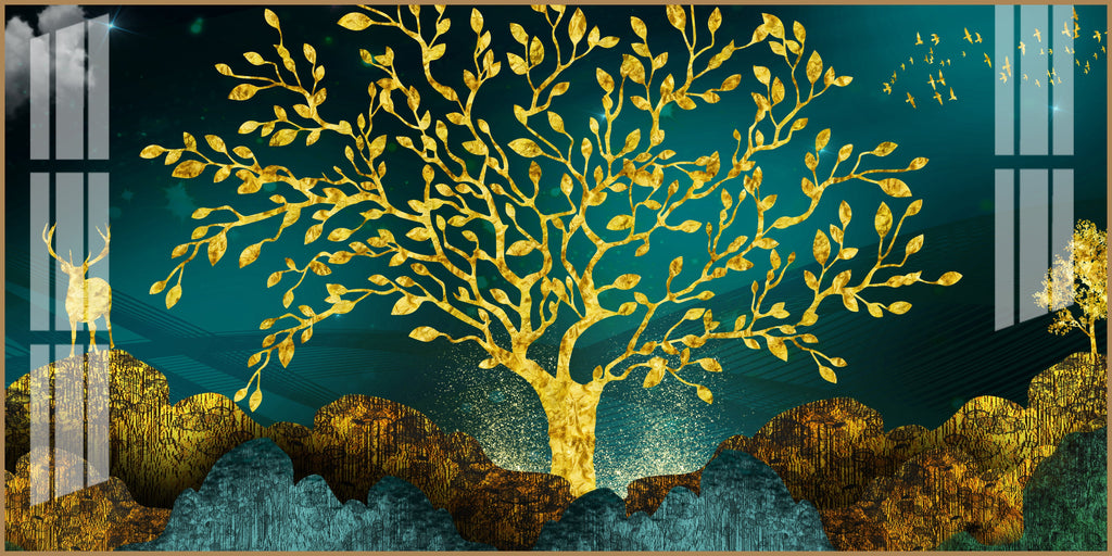 Elegant Tree Of Life Acrylic Wall Art Canvas With Gold Finish And Modern Landscape