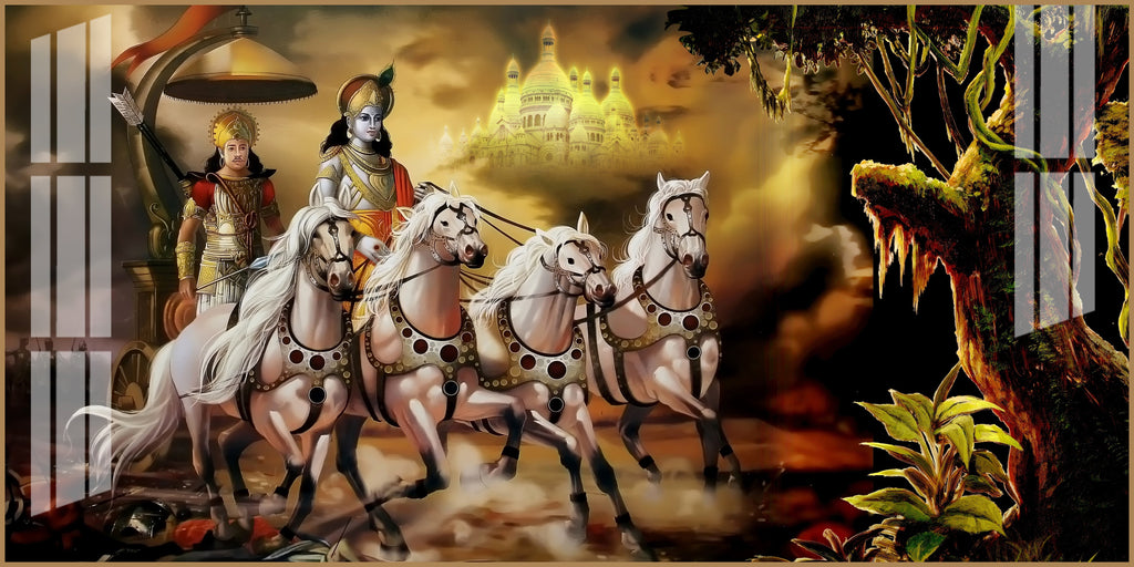 Religious Mahabharat Scene Acrylic Wall Art Canvas With Krishna Chariot Artwork