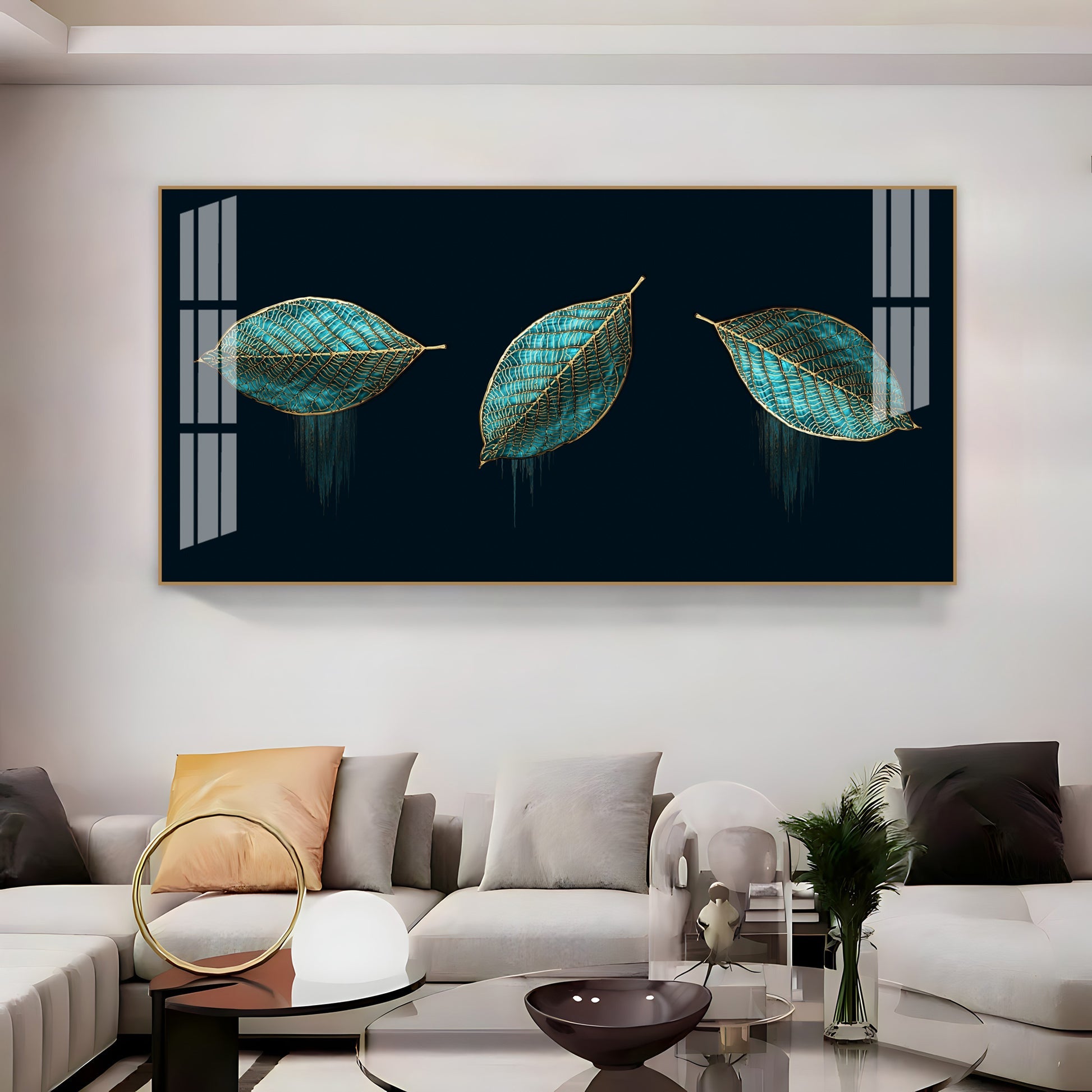Modern Blue Leaves Acrylic Wall Art Canvas With Gold Detailing And Minimal Design