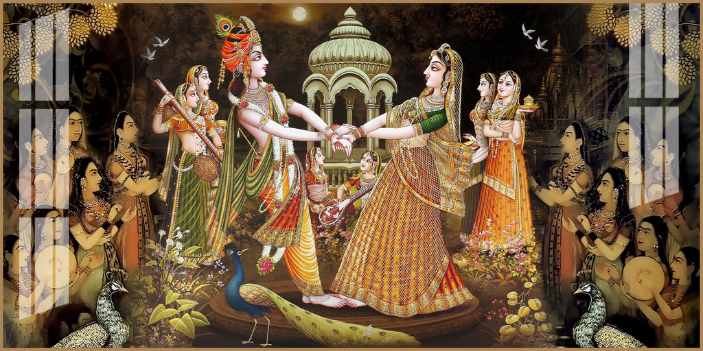 Radha Krishna Raas Leela Acrylic Wall Art Canvas With Devotional Hindu Spiritual Scene