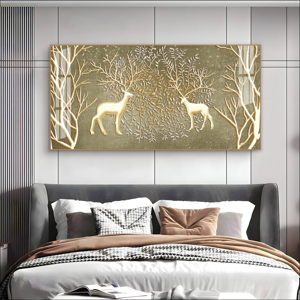 Artistic Deer And Trees Acrylic Wall Art Canvas With Gold Finish And Nature Theme