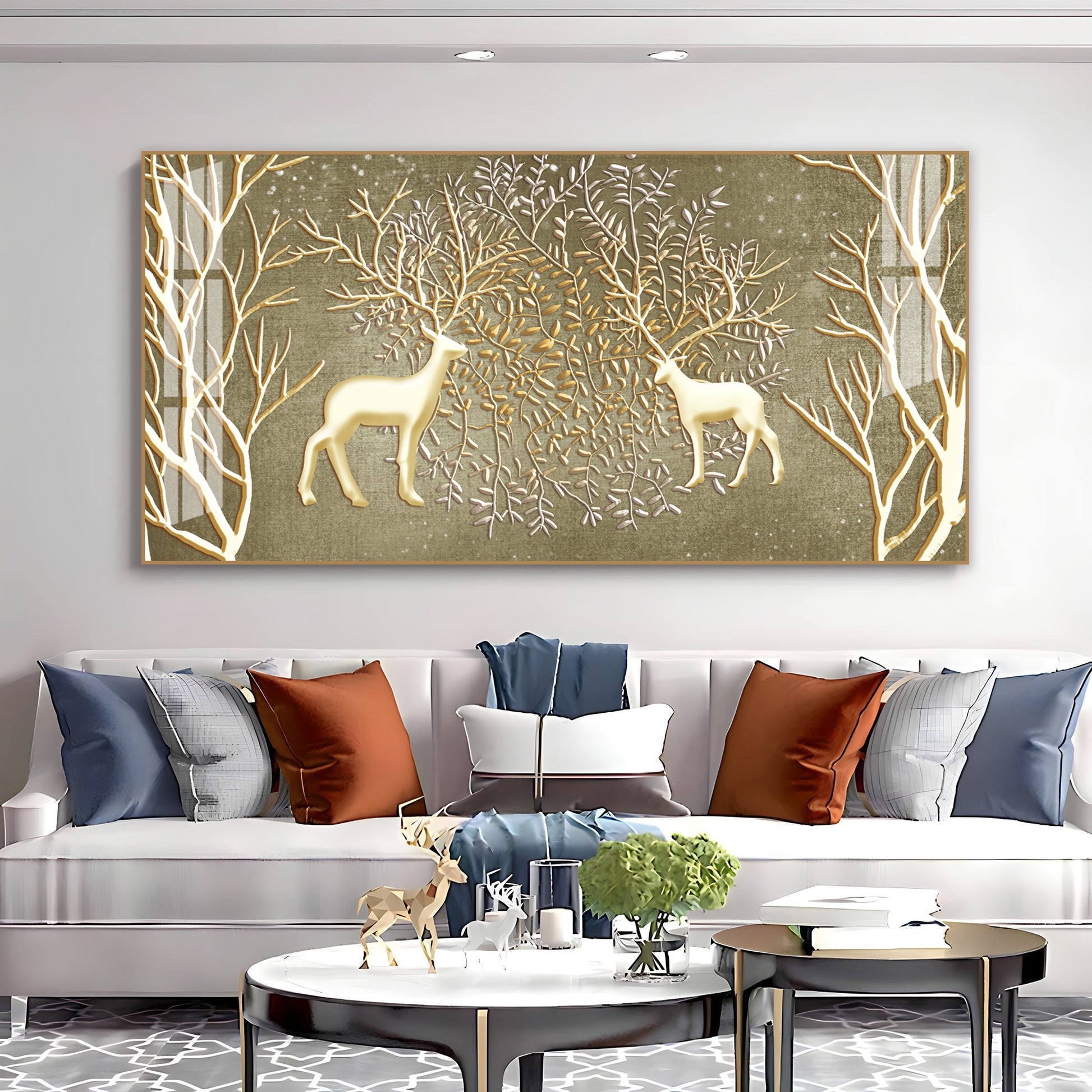 Artistic Deer And Trees Acrylic Wall Art Canvas With Gold Finish And Nature Theme