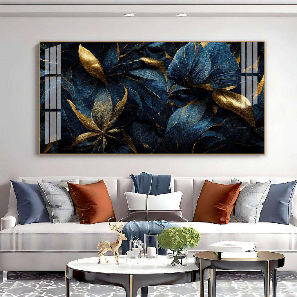 Modern Blue Gold Flower Acrylic Wall Art Canvas With Elegant Nature Theme