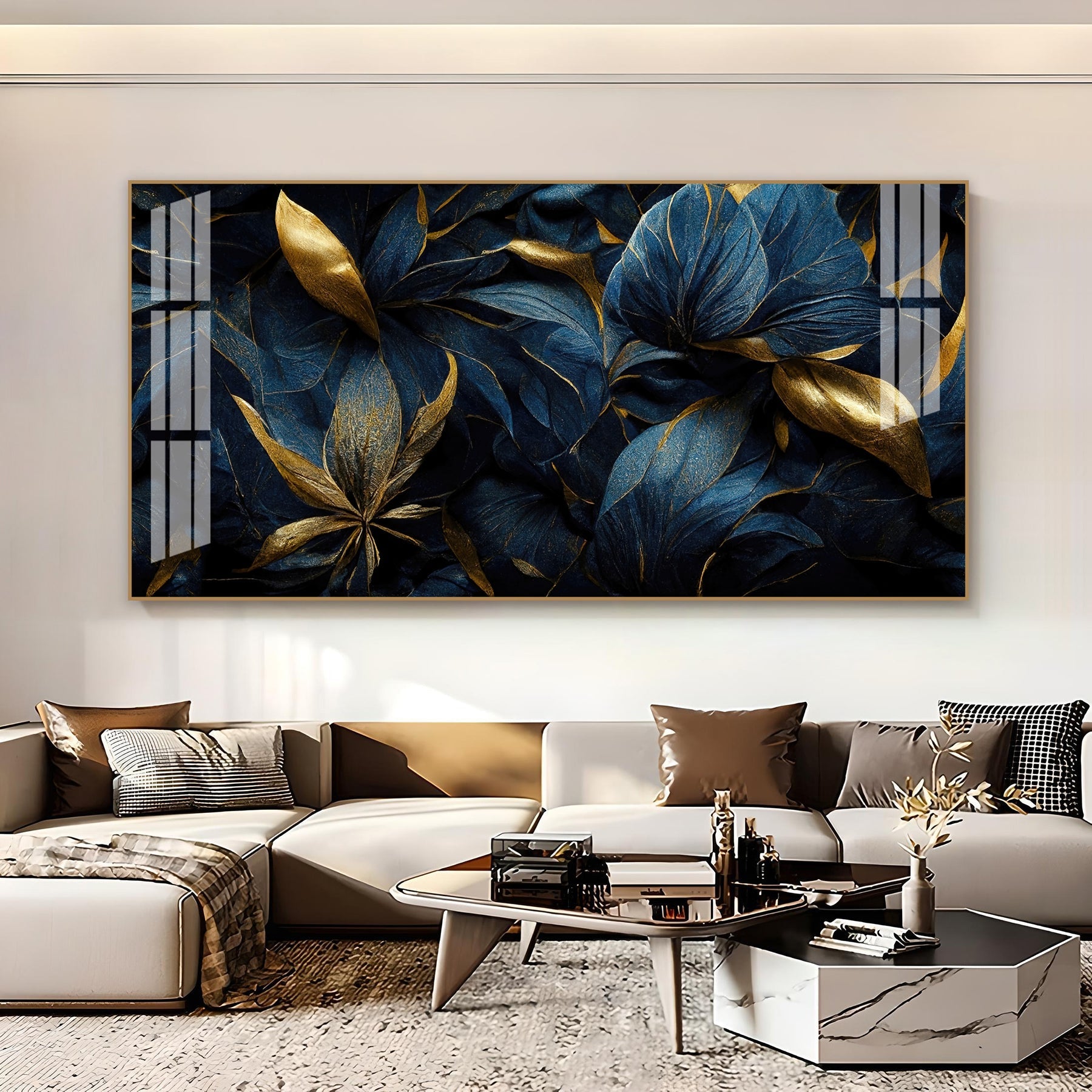 Modern Blue Gold Flower Acrylic Wall Art Canvas With Elegant Nature Theme