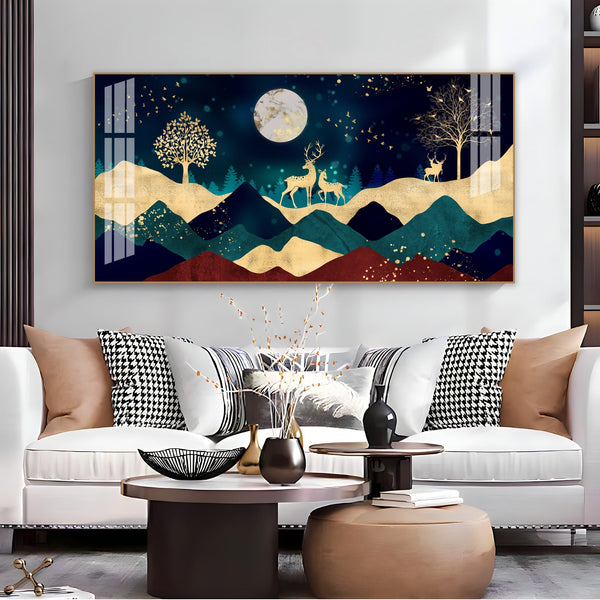 Elegant Deer Mountain Acrylic Wall Art Canvas With Moonlight And Golden Nature Design