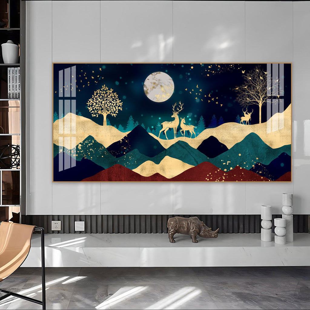 Elegant Deer Mountain Acrylic Wall Art Canvas With Moonlight And Golden Nature Design