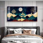 Elegant Deer Mountain Acrylic Wall Art Canvas With Moonlight And Golden Nature Design