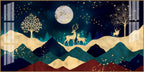 Elegant Deer Mountain Acrylic Wall Art Canvas With Moonlight And Golden Nature Design