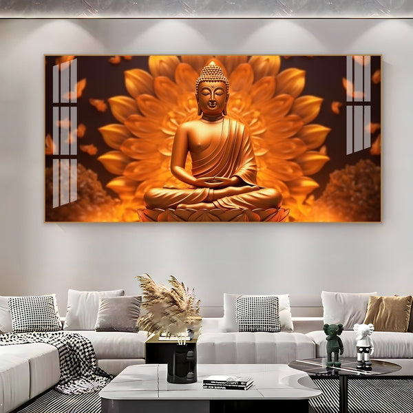 Elegant Buddha Acrylic Wall Art Canvas With Golden Lotus And Spiritual Meditation Design