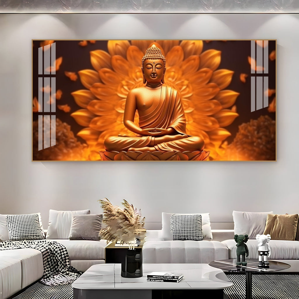 Elegant Buddha Acrylic Wall Art Canvas With Golden Lotus And Spiritual Meditation Design