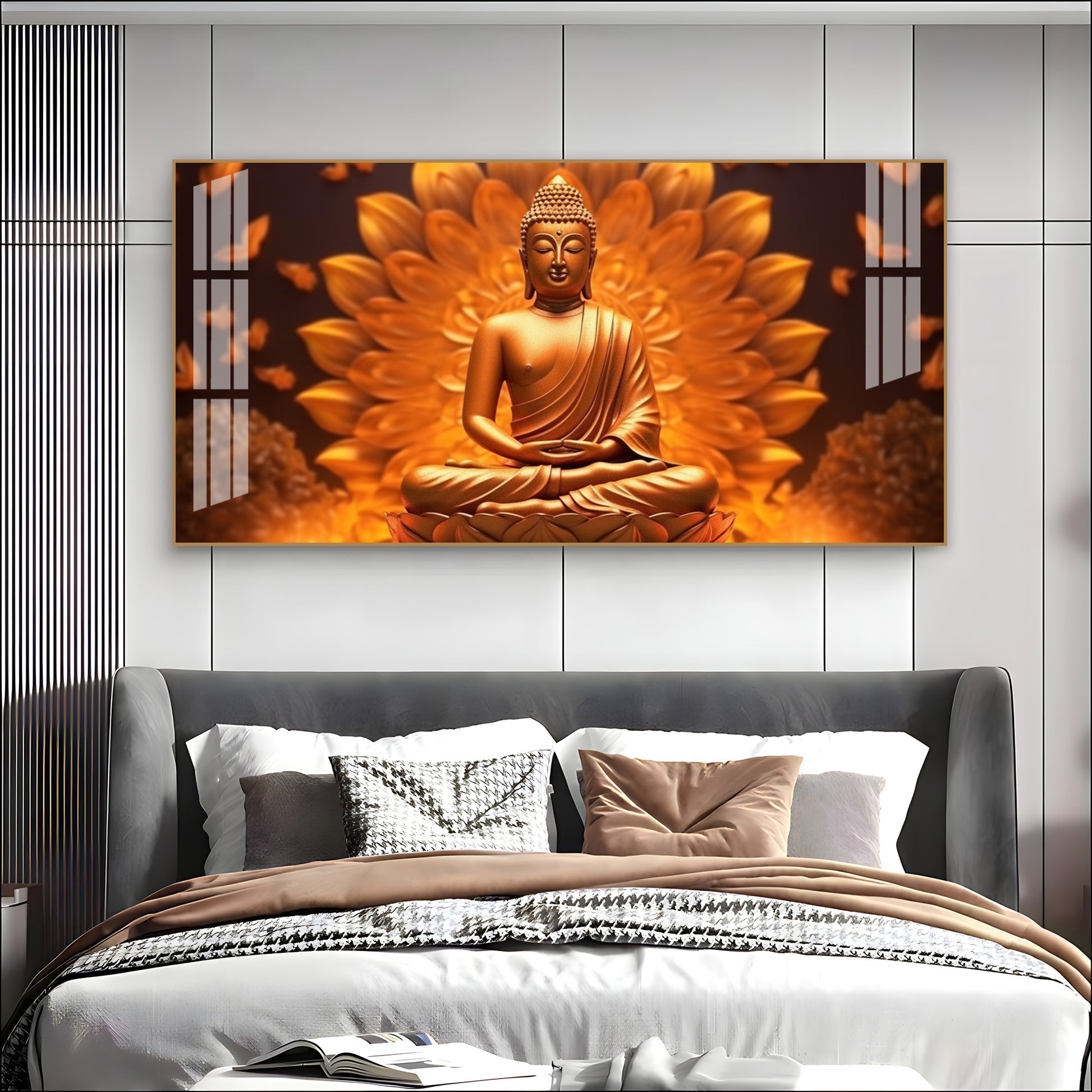 Elegant Buddha Acrylic Wall Art Canvas With Golden Lotus And Spiritual Meditation Design