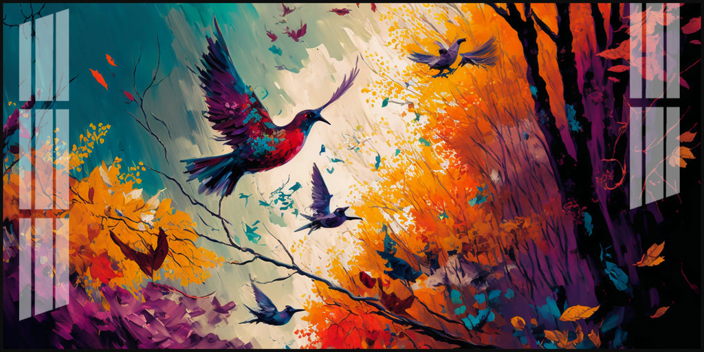 Modern Abstract Birds Acrylic Wall Painting Canvas With Forest And Color Splash Design
