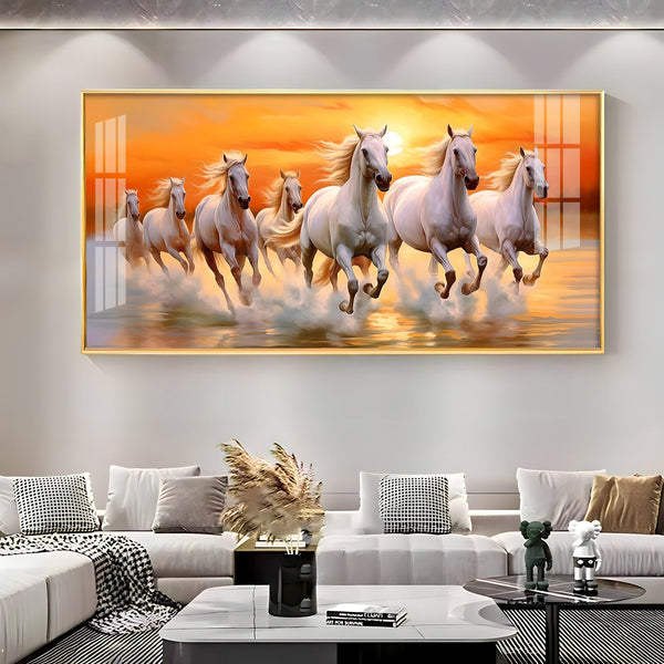 Seven White Running Horses With Sunrise Premium Acrylic Horizontal Wall Art