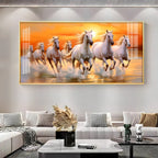 Seven White Running Horses With Sunrise Premium Acrylic Horizontal Wall Art