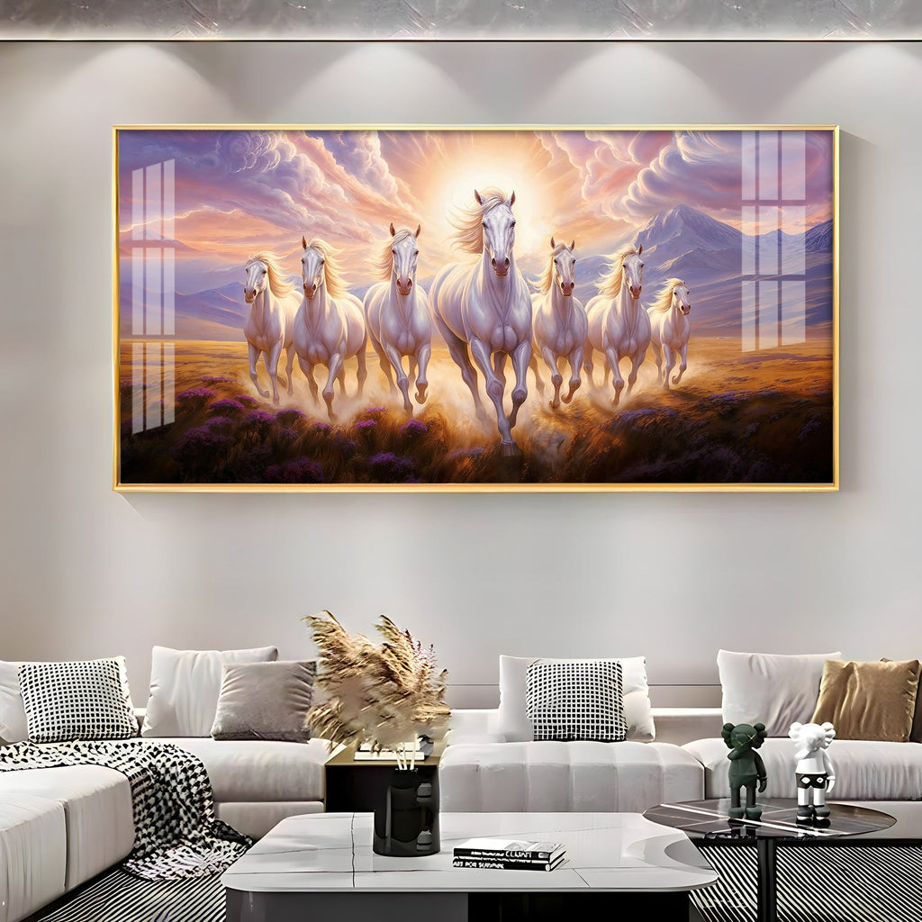 Seven White Running Horses Premium Acrylic Horizontal Wall Art