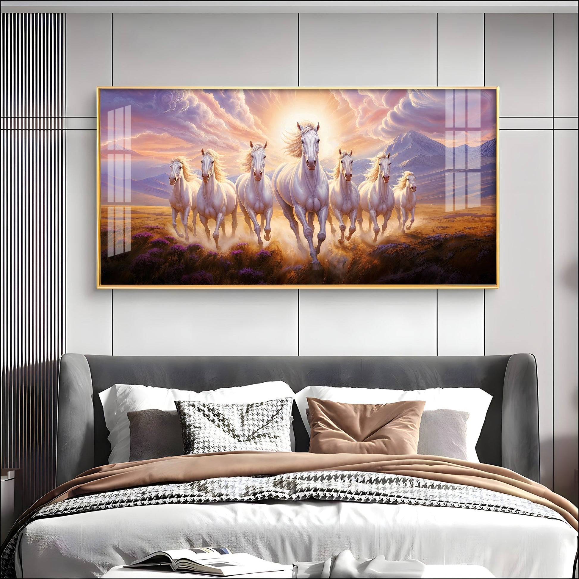 Seven White Running Horses Premium Acrylic Horizontal Wall Art