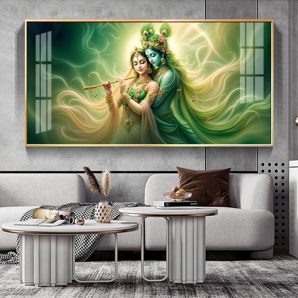 Radha Krishna Divine Flute Melodies Acrylic Wall Art with Green Aura