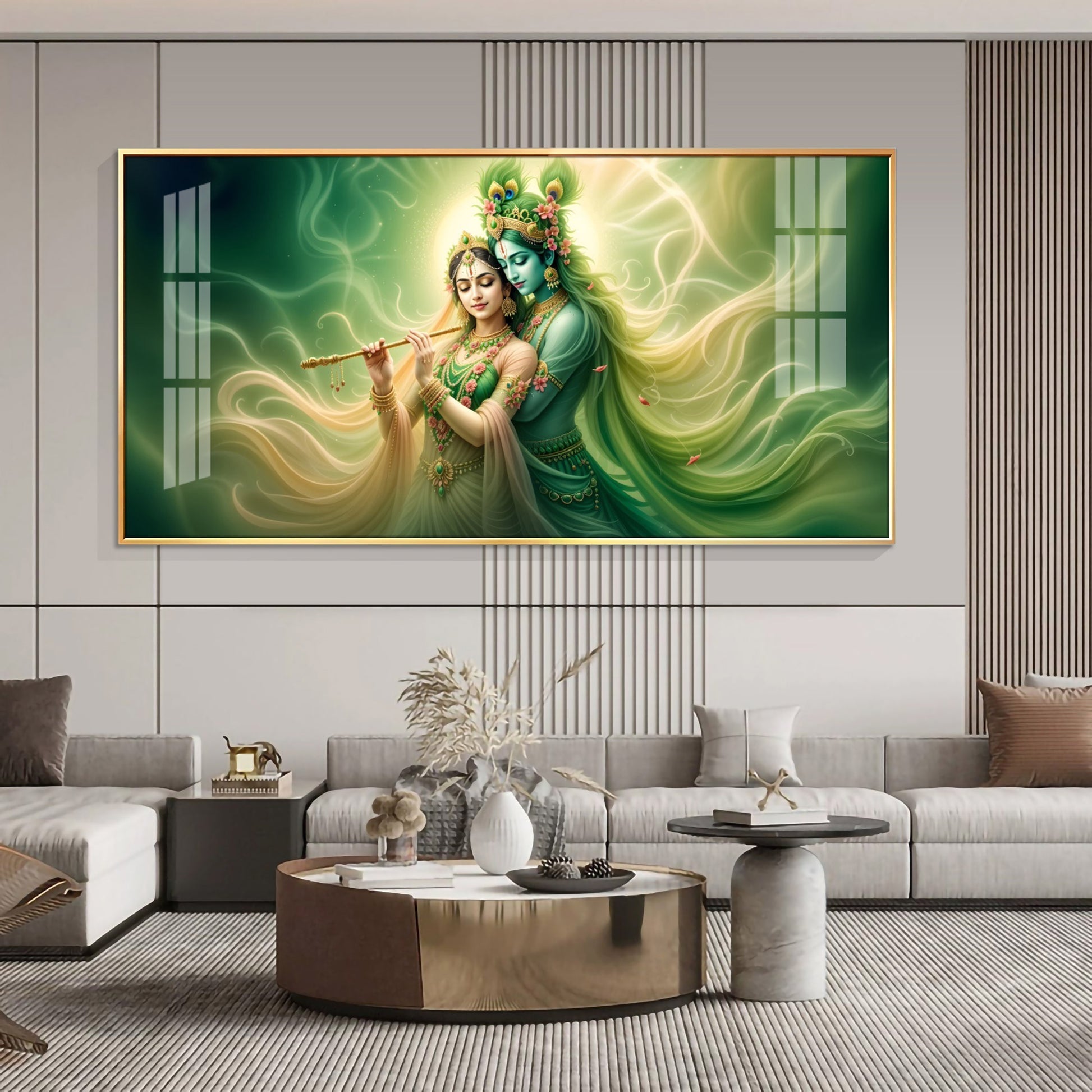 Radha Krishna Divine Flute Melodies Acrylic Wall Art with Green Aura