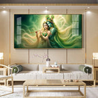 Radha Krishna Divine Flute Melodies Acrylic Wall Art with Green Aura