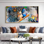 Radha Krishna Modern Abstract Acrylic Wall Art with Flute and Peacock