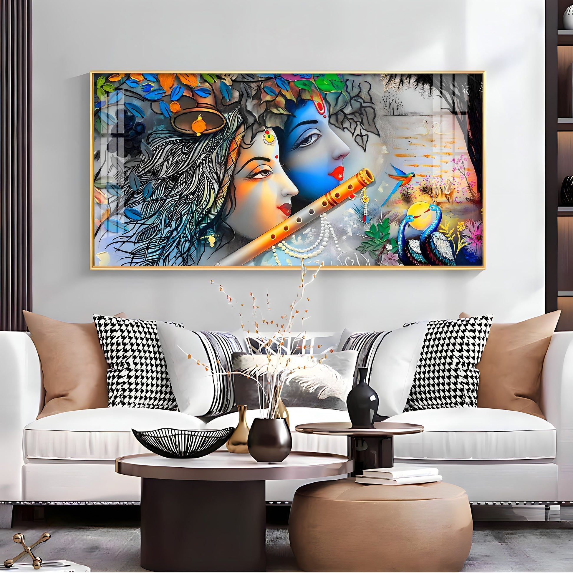 Radha Krishna Modern Abstract Acrylic Wall Art with Flute and Peacock