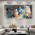 Radha Krishna Modern Abstract Acrylic Wall Art with Flute and Peacock
