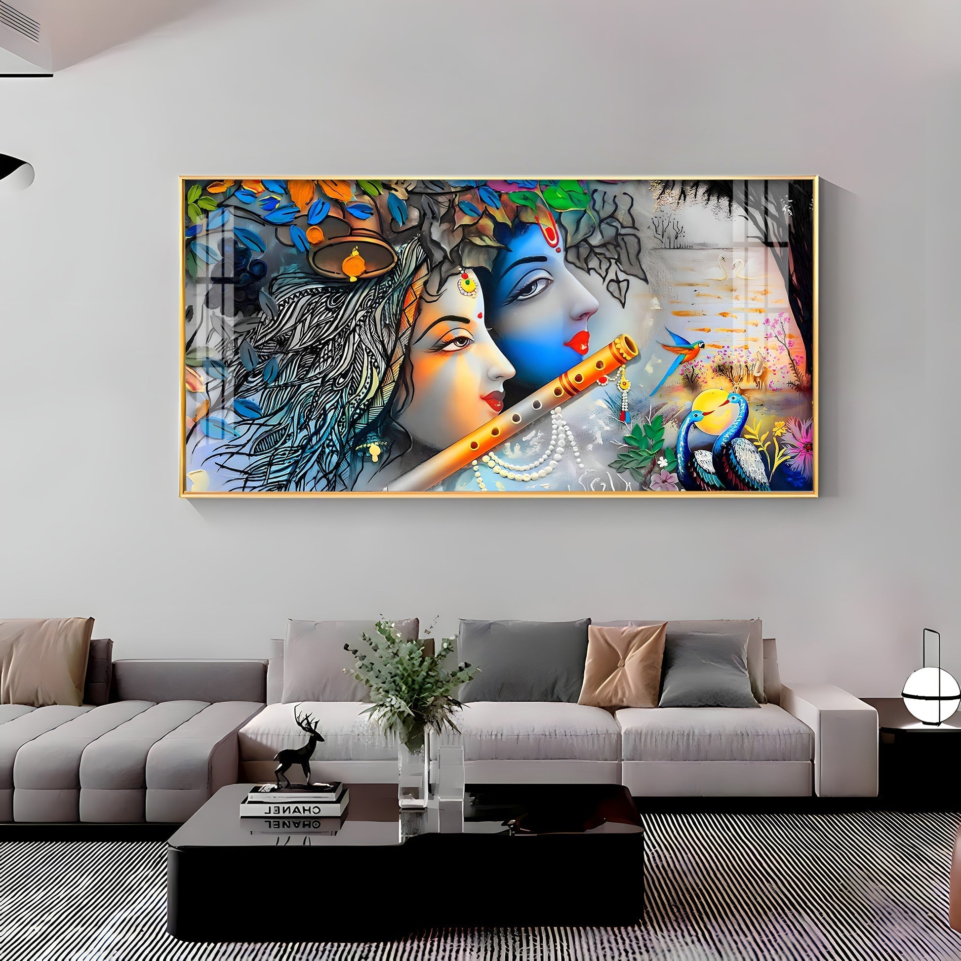Radha Krishna Modern Abstract Acrylic Wall Art with Flute and Peacock