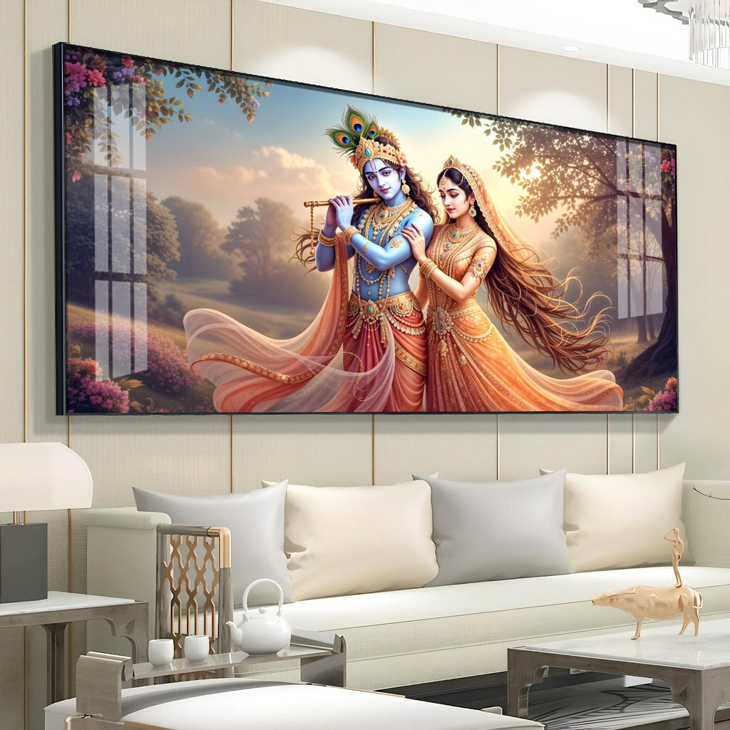 Luxury Radha Krishna Eternal Bond Acrylic Wall Art with Floral Accents