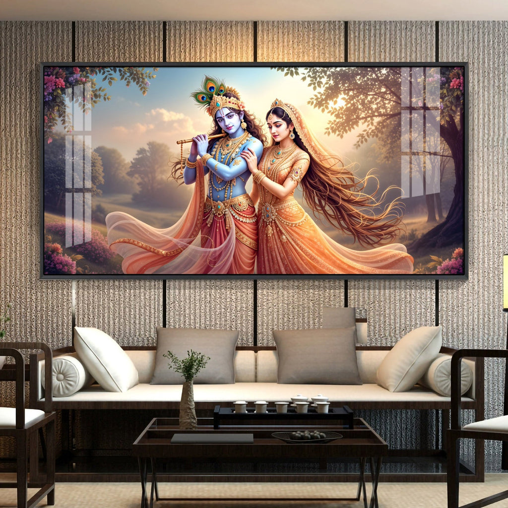 Luxury Radha Krishna Eternal Bond Acrylic Wall Art with Floral Accents