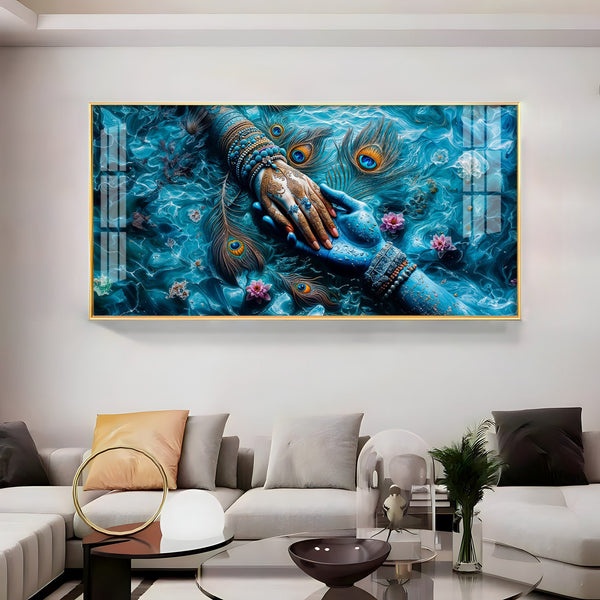 Radha Krishna Divine Hands Acrylic Wall Art with Peacock Feathers and Lotus