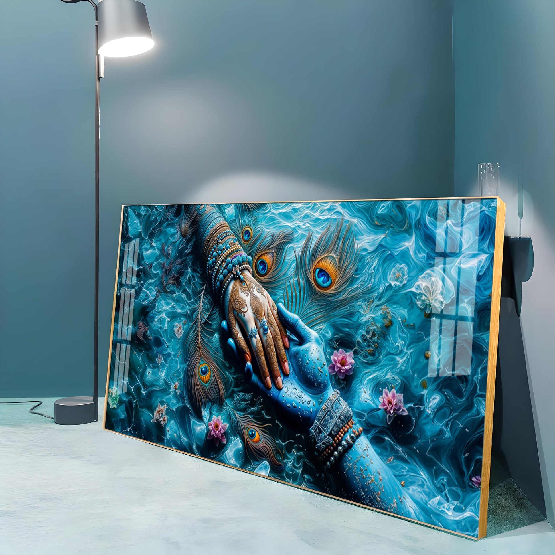Radha Krishna Divine Hands Acrylic Wall Art with Peacock Feathers and Lotus