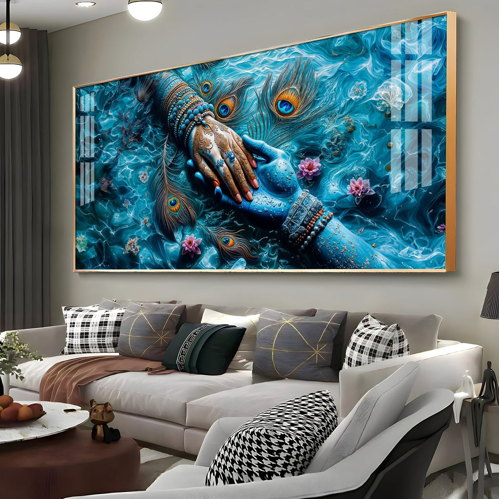 Radha Krishna Divine Hands Acrylic Wall Art with Peacock Feathers and Lotus