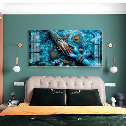 Radha Krishna Divine Hands Acrylic Wall Art with Peacock Feathers and Lotus