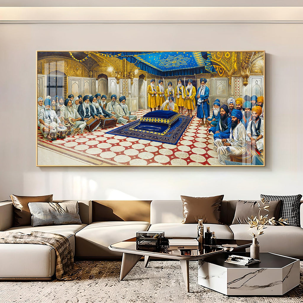 Spiritual Gurudwara Scene Acrylic Wall Painting with Devotional Gathering