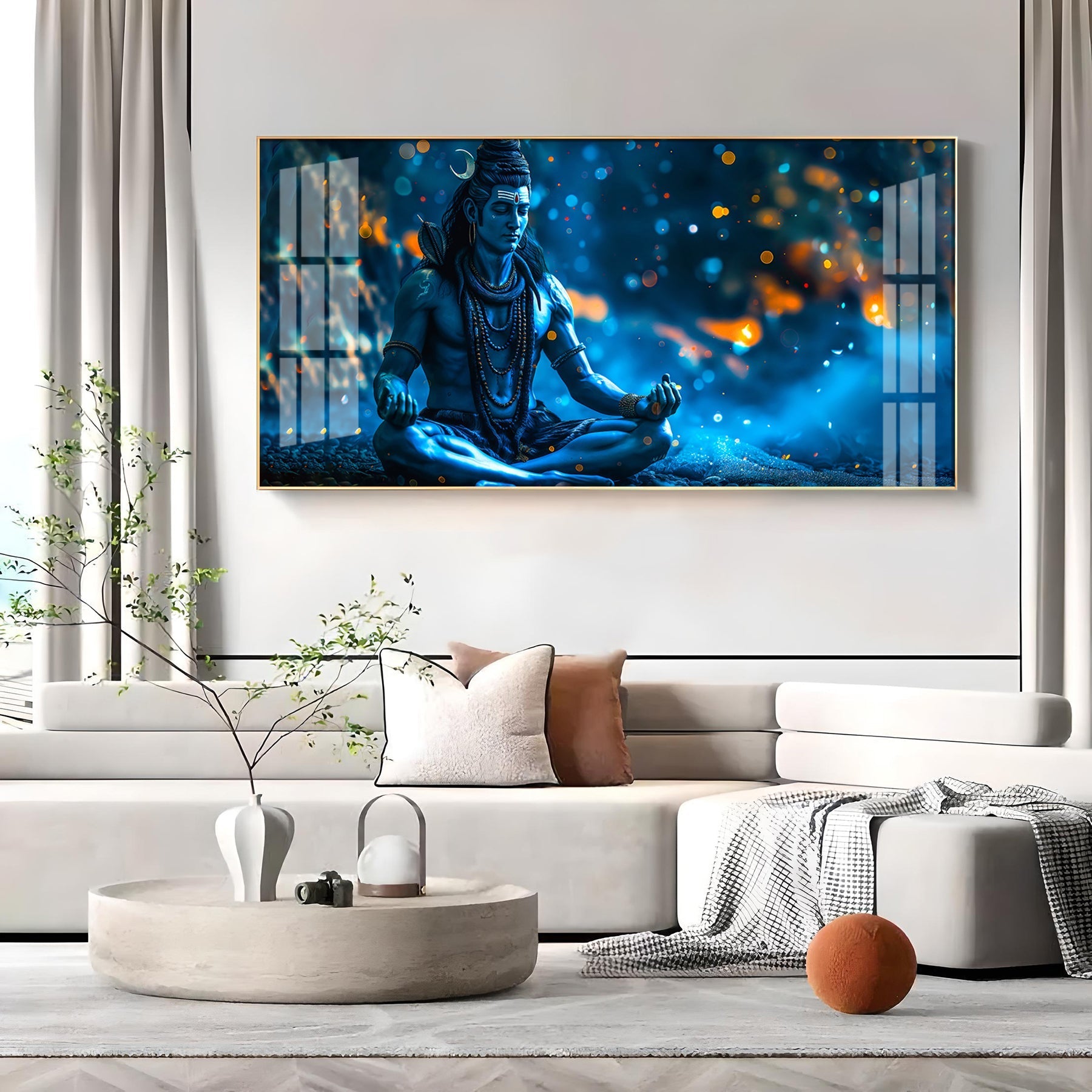 Spiritual Shiva Meditation Acrylic Wall Painting with Mystical Blue Theme