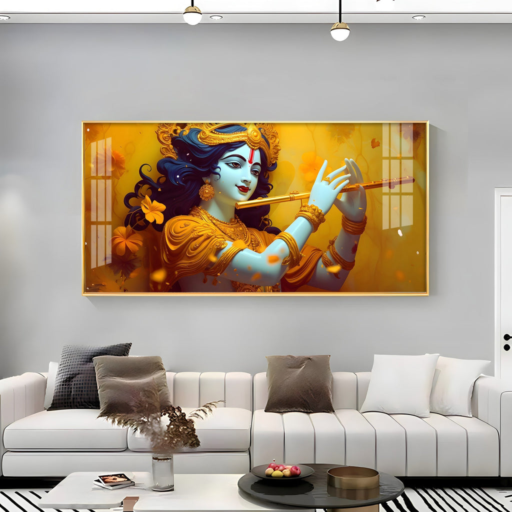 Premium Krishna Flute Acrylic Wall Painting with Vibrant Yellow Theme