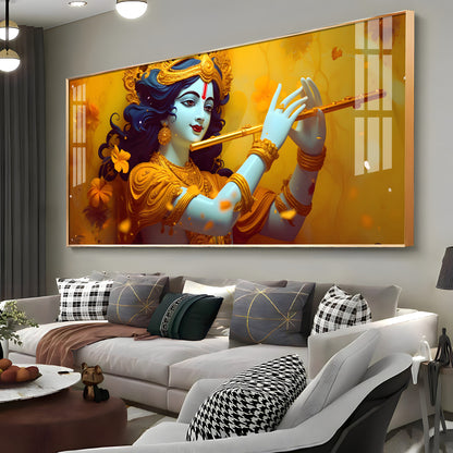 Premium Krishna Flute Acrylic Wall Painting with Vibrant Yellow Theme