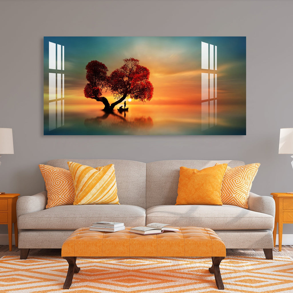 Elegant Sunset Landscape Acrylic Wall Painting with Serene Water Reflection