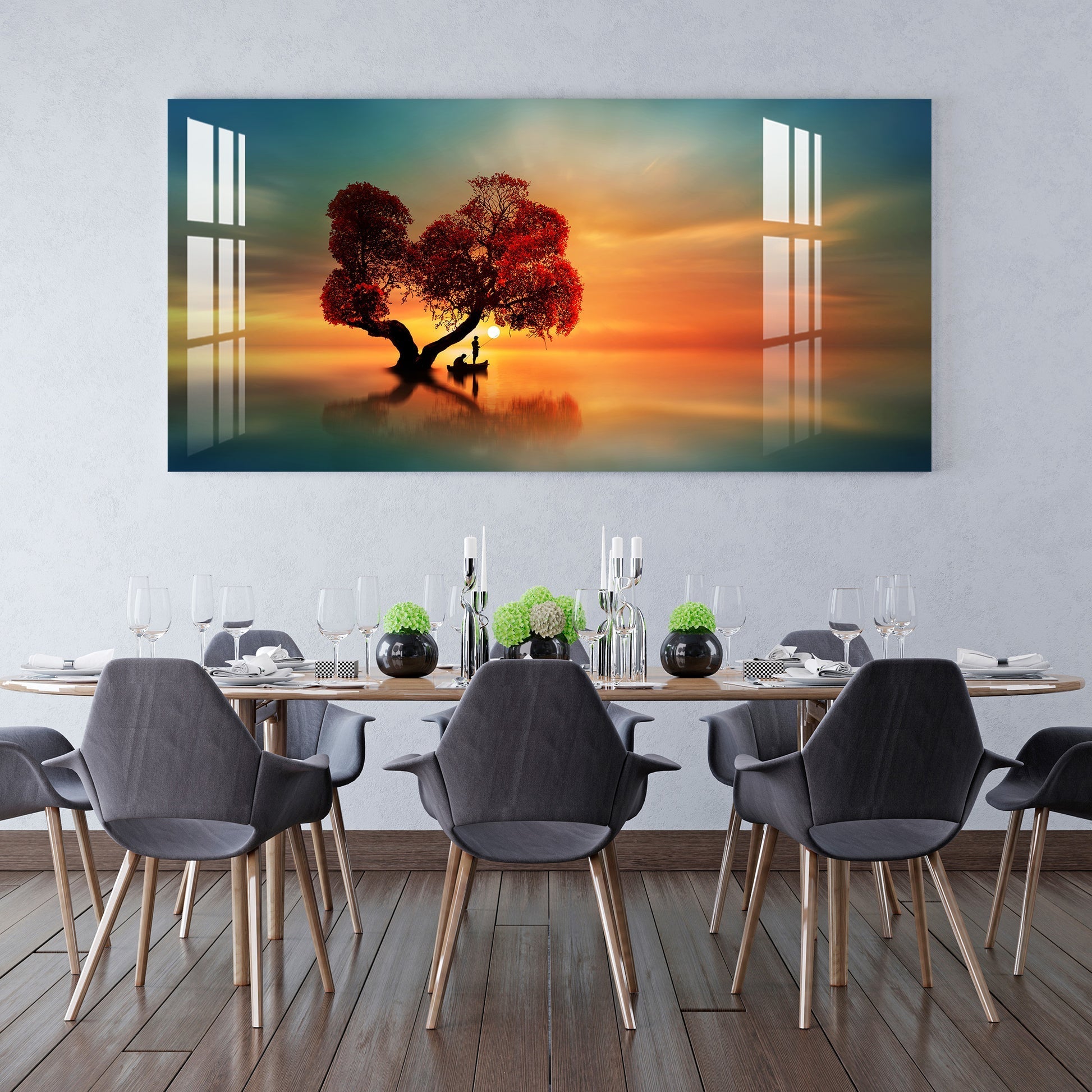 Elegant Sunset Landscape Acrylic Wall Painting with Serene Water Reflection