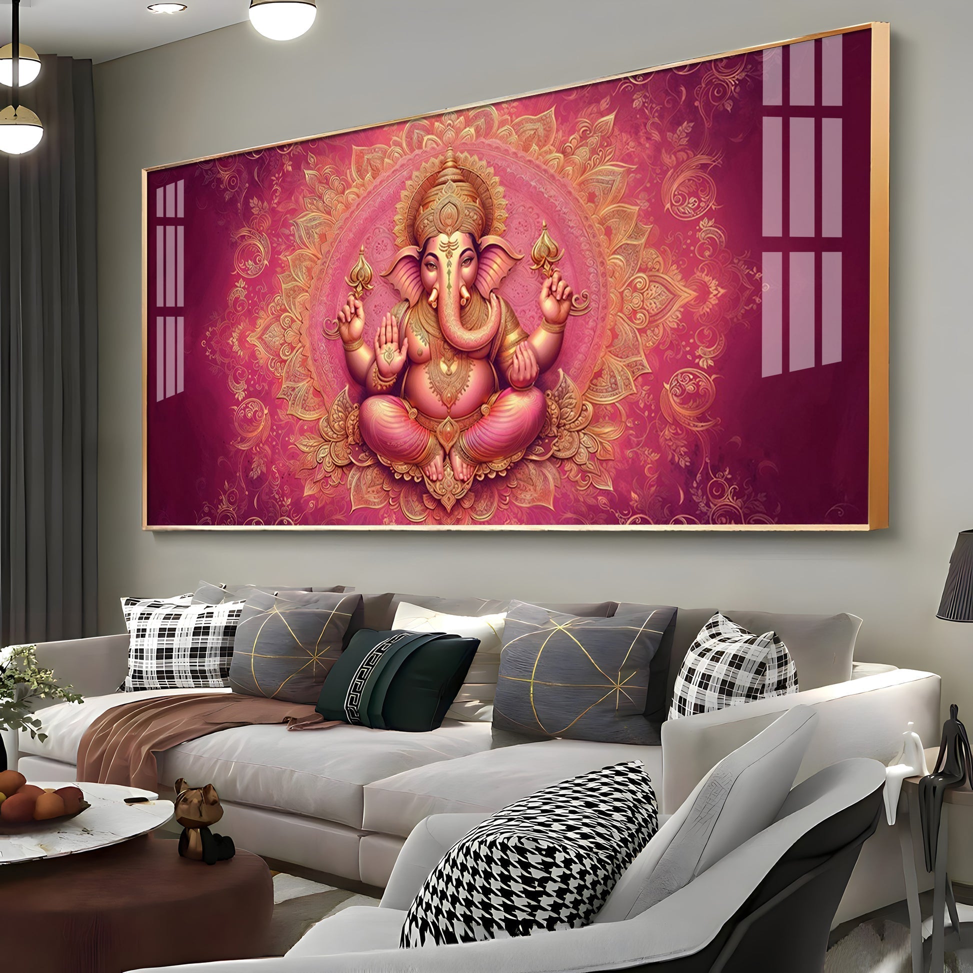 Divine Pink Mandala Lord Ganesha Premium Acrylic Wall Painting for Living Room Decor