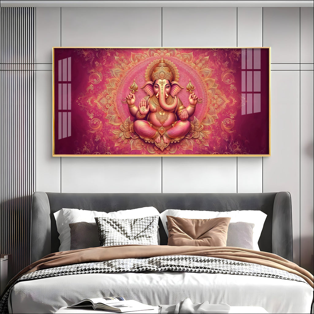 Divine Pink Mandala Lord Ganesha Premium Acrylic Wall Painting for Living Room Decor