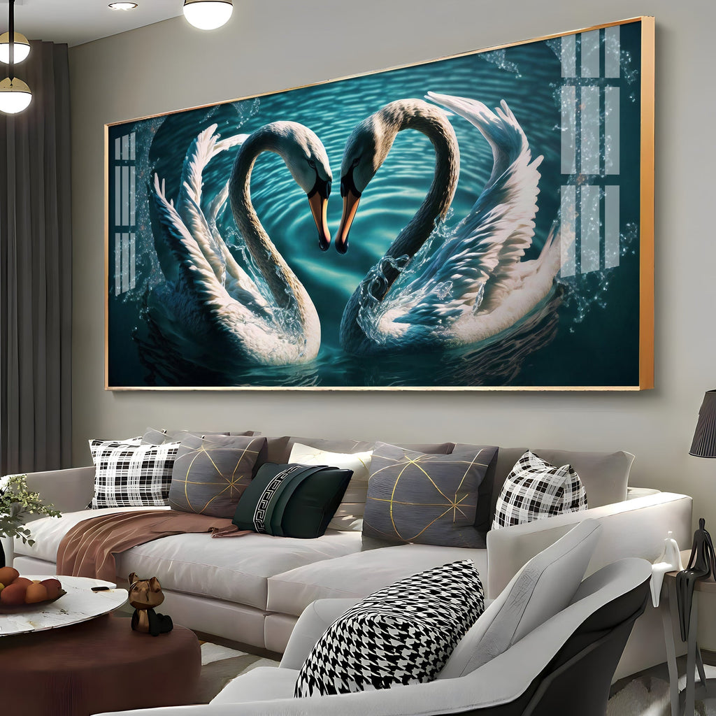Elegant White Swan Pair Symbol of Love Designer Acrylic Wall Painting